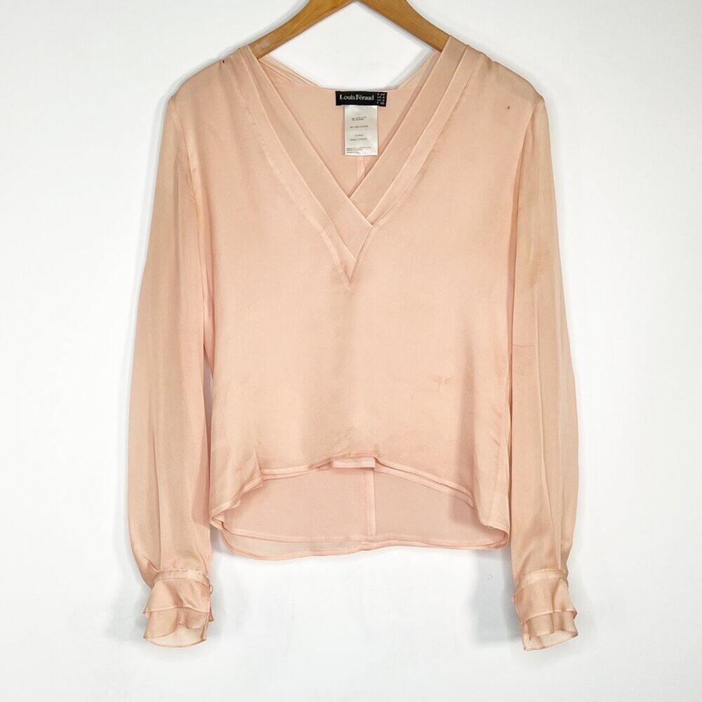 Louis Feraud 100% Silk Dusty Pink Long Sleeve V-neck Blouse Top Womens 4